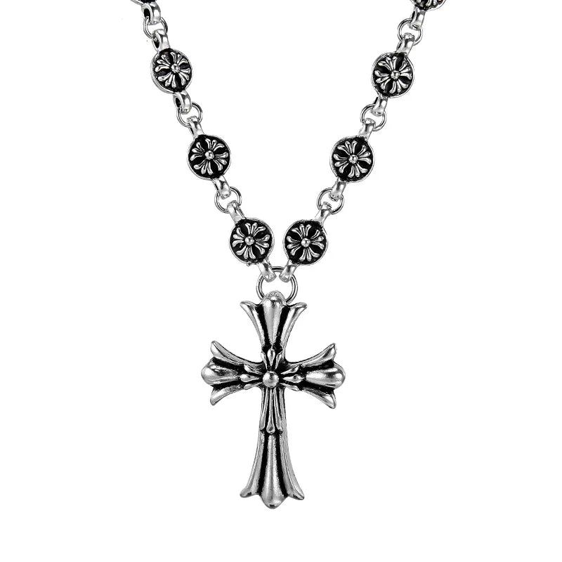 Gothic Style Retro Rhinestone Cross Stainless Steel Pendant ins Hip-Hop Men's Fashion Personality Versatile Necklace Accessories