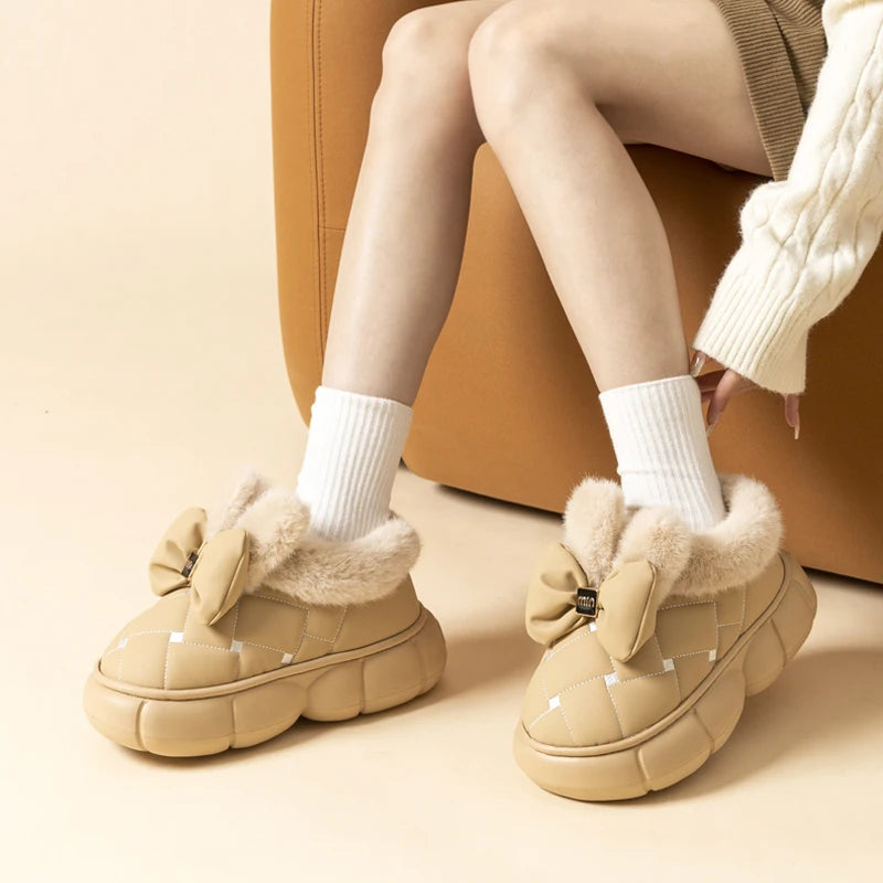 Winter Damenmode Bowknot Baumwollschuhe Dicke Sohle Daunen Wasserdichte Schneestiefel Frau Dicken Plüsch Warme Plattform Stiefeletten 2024
