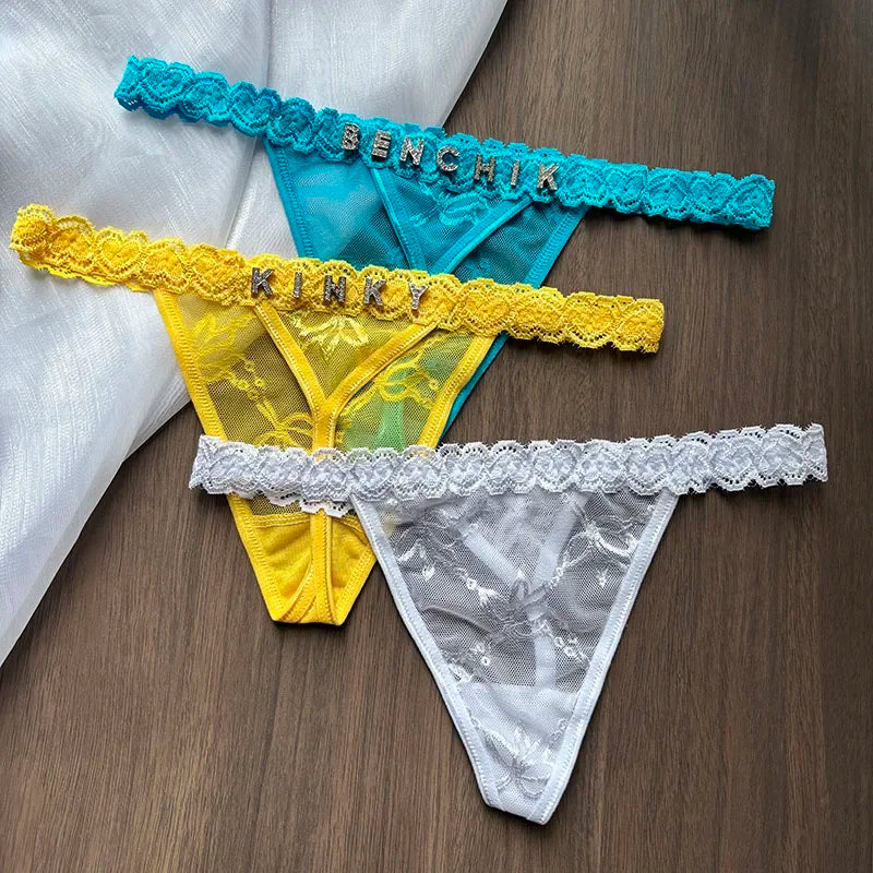 Persönlichkeit Benutzerdefinierter Name Kristall Buchstabe Tanga Spitze Bikini Höschen G-String Niedrige Taille Slips Sexy Körperschmuck für heiße Frau Geschenk