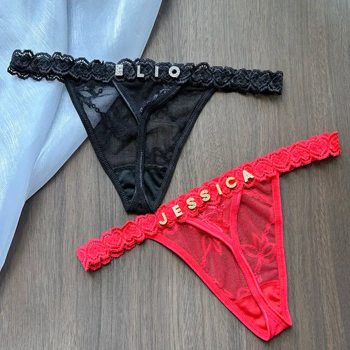 Persönlichkeit Benutzerdefinierter Name Kristall Buchstabe Tanga Spitze Bikini Höschen G-String Niedrige Taille Slips Sexy Körperschmuck für heiße Frau Geschenk