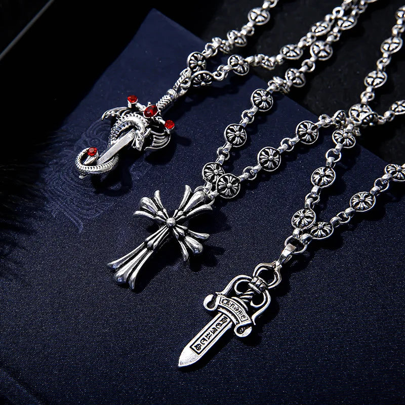 Gothic Style Retro Rhinestone Cross Stainless Steel Pendant ins Hip-Hop Men's Fashion Personality Versatile Necklace Accessories