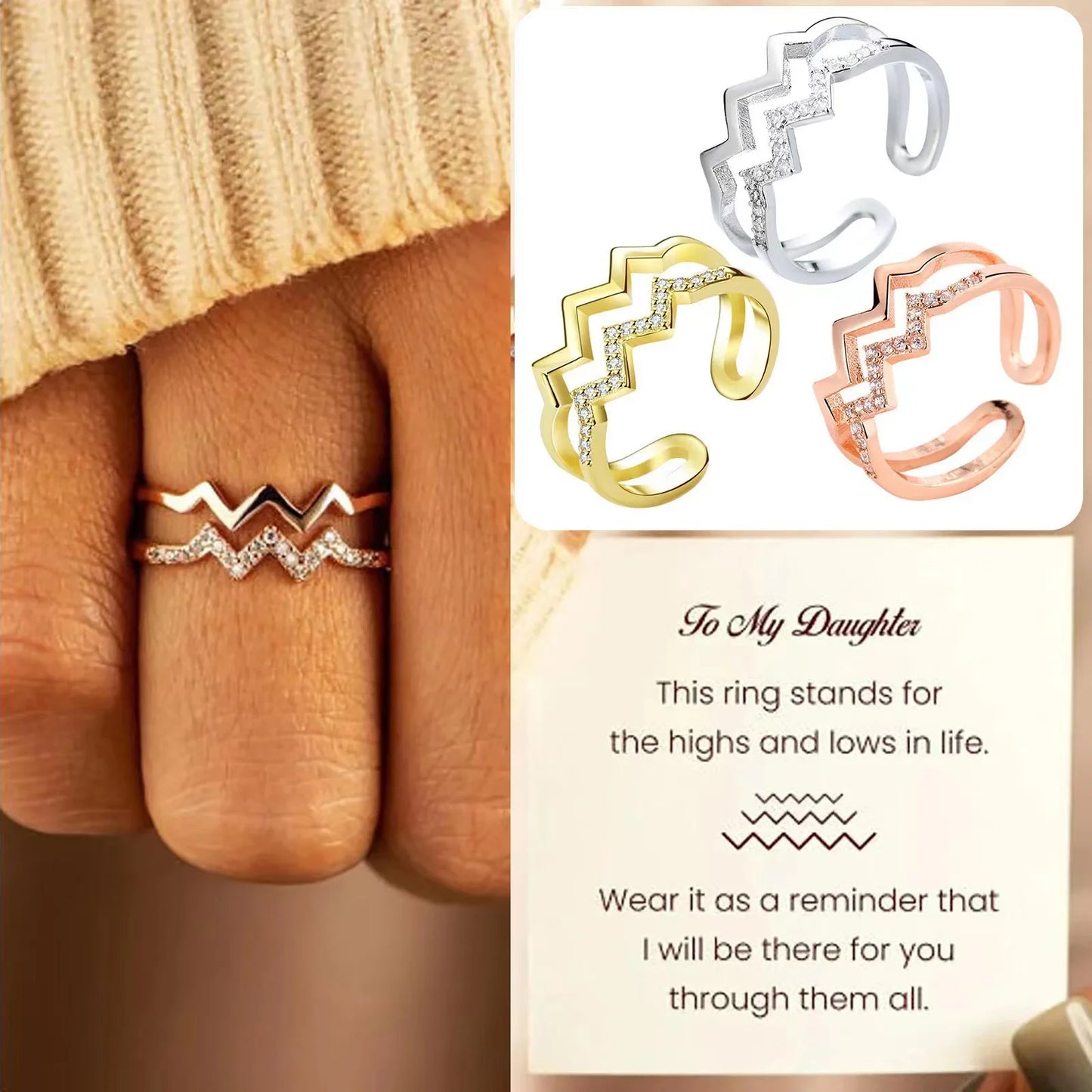 An meine Tochter – Höhen und Tiefen – Wellenöffnungsring mit Karte für Frauen und Mädchen – gewellter Zickzack-Ring – Doppelwellenring – Ring mit eingelegtem Zirkonia