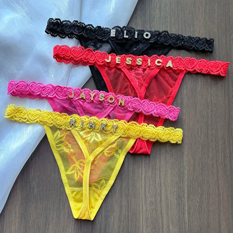 Persönlichkeit Benutzerdefinierter Name Kristall Buchstabe Tanga Spitze Bikini Höschen G-String Niedrige Taille Slips Sexy Körperschmuck für heiße Frau Geschenk