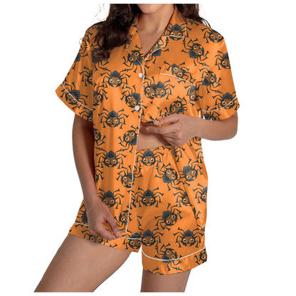 2-teiliges Pyjama-Set für Damen, Halloween-Nachthemd, Sommer-Satin-Seidenhemd und Shorts-Set für Damen, 2024, Halloween-Shorts-Set mit Grafik