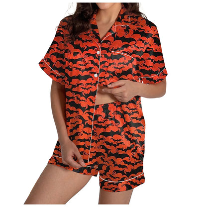 2-teiliges Pyjama-Set für Damen, Halloween-Nachthemd, Sommer-Satin-Seidenhemd und Shorts-Set für Damen, 2024, Halloween-Shorts-Set mit Grafik