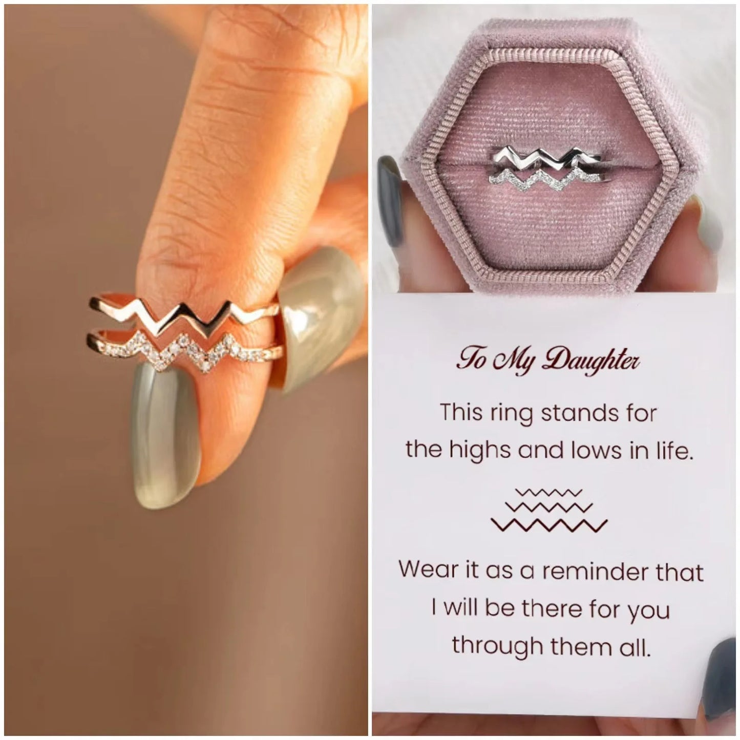 To My Daughter Highs And Low Wave Opening Ring With Card for Women Girls Wavy Zigzag Ring Double Wave Ring Zircon Inlaid Ring