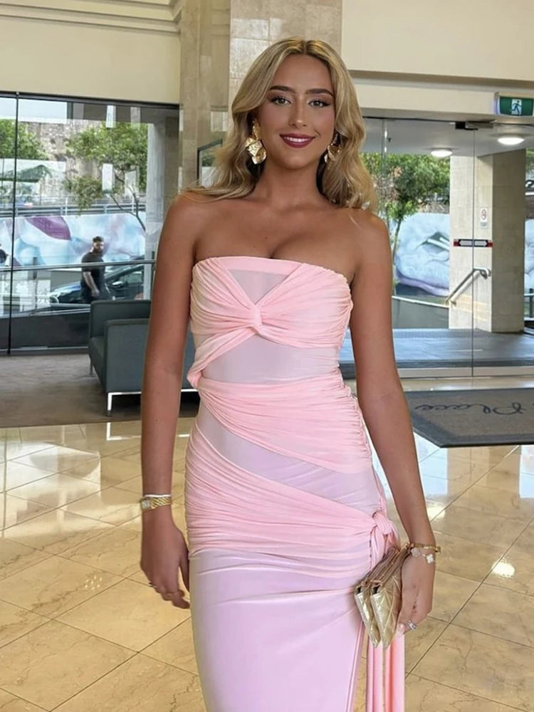 Nibber Folds Women Dress Cross Bandage Ruched Chest Wrap Backless Sleeveless Tassel Y2K Street Trend Elegant Slits Long Bodycon