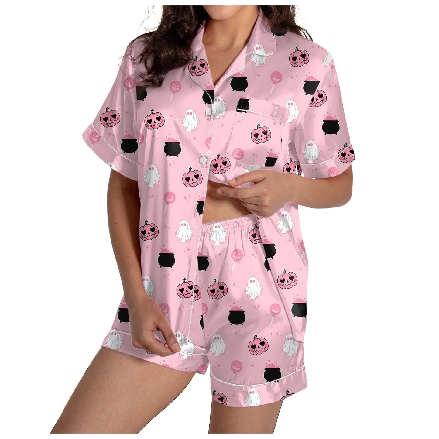 2-teiliges Pyjama-Set für Damen, Halloween-Nachthemd, Sommer-Satin-Seidenhemd und Shorts-Set für Damen, 2024, Halloween-Shorts-Set mit Grafik