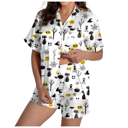 Halloween Women's 2 Piece Pajama Set Ghosts Print Short Sleeve Satin Silk Shirt And Short Set Women Outfits Halloween Nightgown