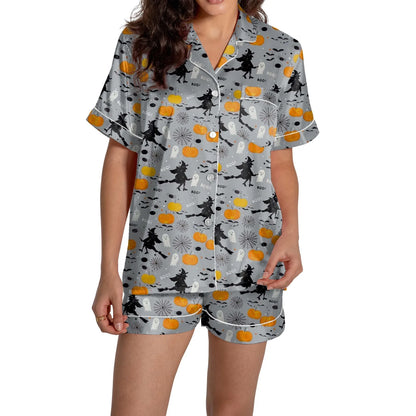 Halloween Women's 2 Piece Pajama Set Ghosts Print Short Sleeve Satin Silk Shirt And Short Set Women Outfits Halloween Nightgown