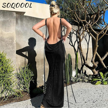 Backless Drawstrings Sleeveless Club Party Prom Dresses Elegant Female Outfits