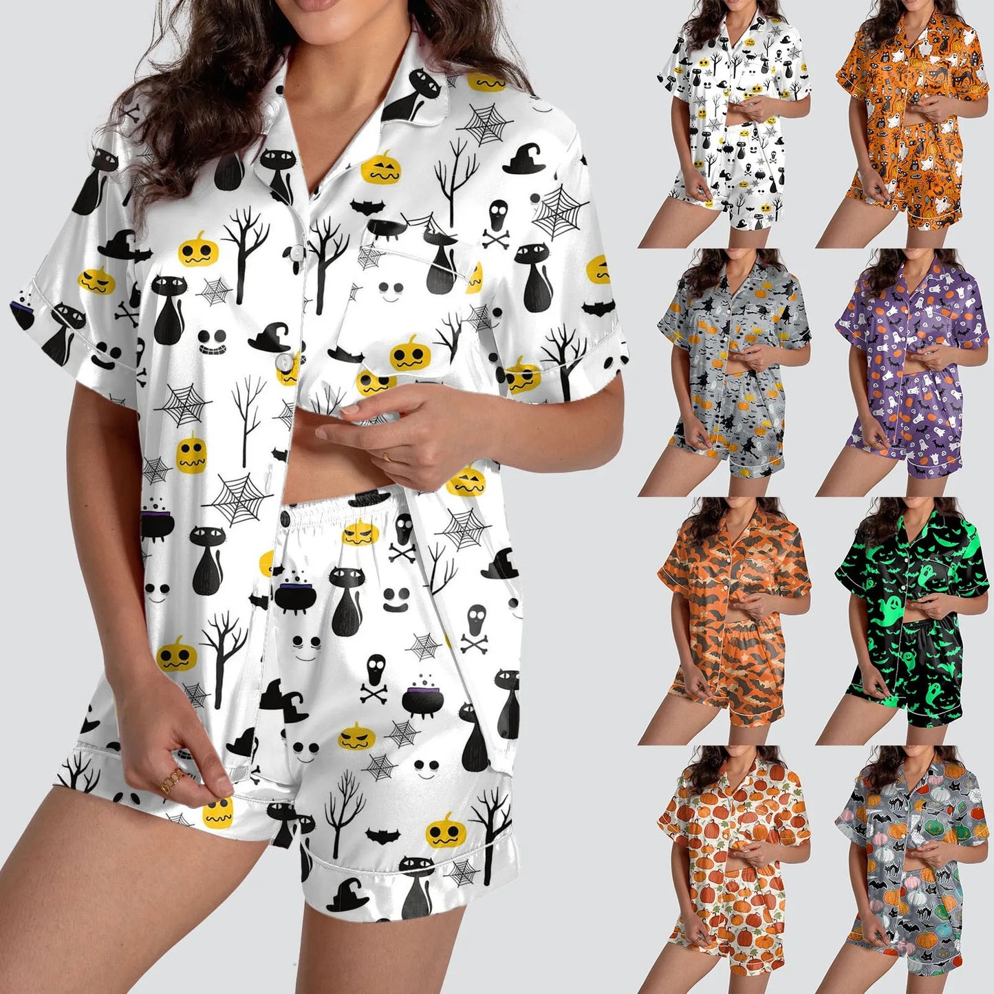 Halloween Women's 2 Piece Pajama Set Ghosts Print Short Sleeve Satin Silk Shirt And Short Set Women Outfits Halloween Nightgown