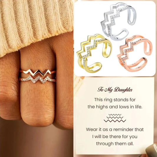 To My Daughter Highs And Low Wave Opening Ring With Card for Women Girls Wavy Zigzag Ring Double Wave Ring Zircon Inlaid Ring