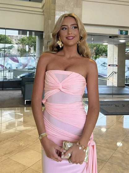 Nibber Folds Women Dress Cross Bandage Ruched Chest Wrap Backless Sleeveless Tassel Y2K Street Trend Elegant Slits Long Bodycon