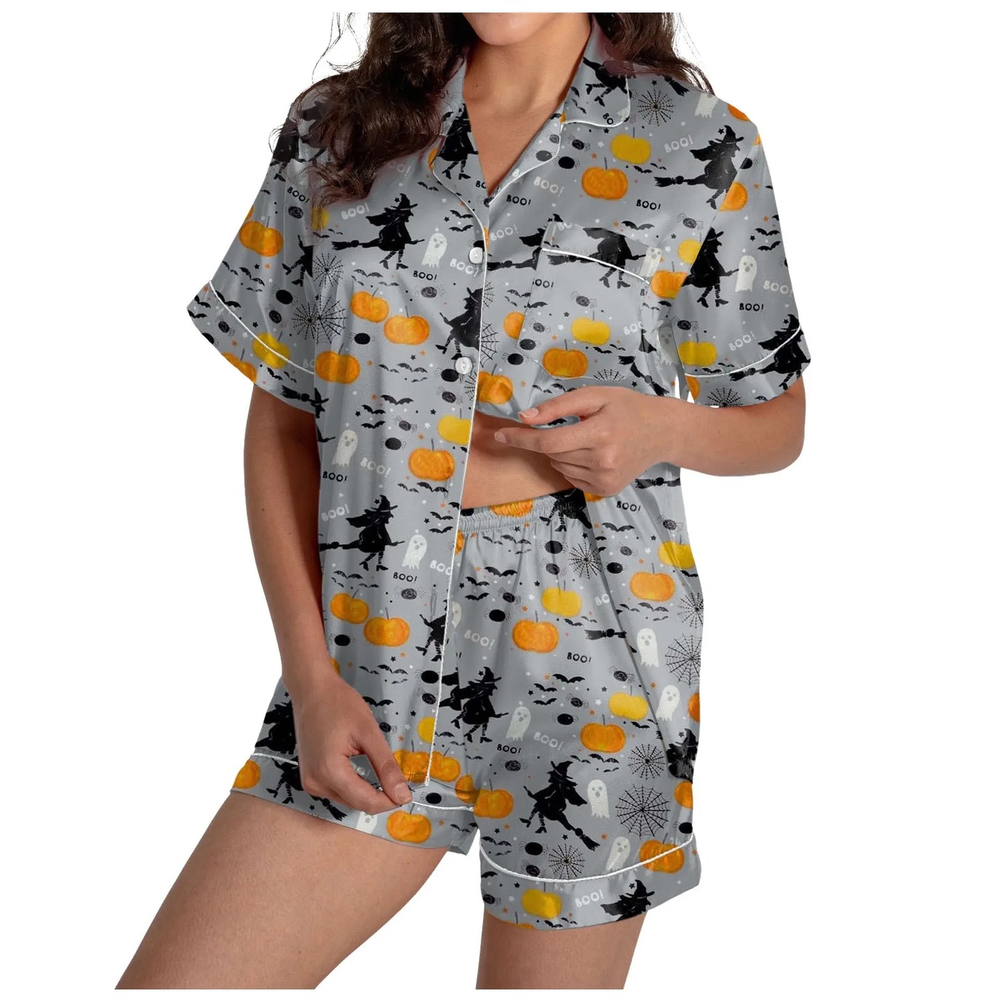 Halloween Women's 2 Piece Pajama Set Ghosts Print Short Sleeve Satin Silk Shirt And Short Set Women Outfits Halloween Nightgown