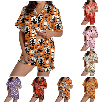 2-teiliges Pyjama-Set für Damen, Halloween-Nachthemd, Sommer-Satin-Seidenhemd und Shorts-Set für Damen, 2024, Halloween-Shorts-Set mit Grafik