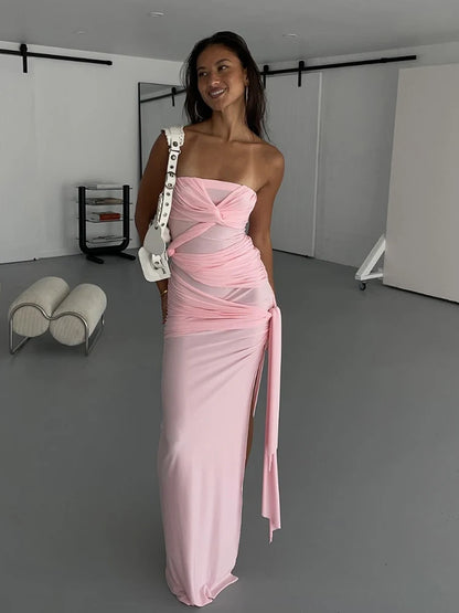 Nibber Folds Women Dress Cross Bandage Ruched Chest Wrap Backless Sleeveless Tassel Y2K Street Trend Elegant Slits Long Bodycon