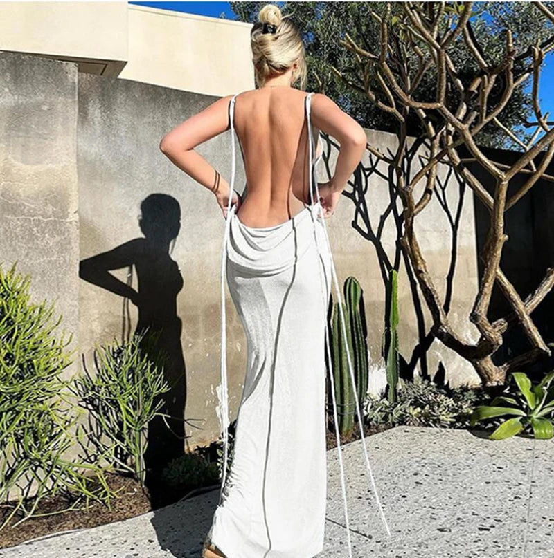 Backless Drawstrings Sleeveless Club Party Prom Dresses Elegant Female Outfits