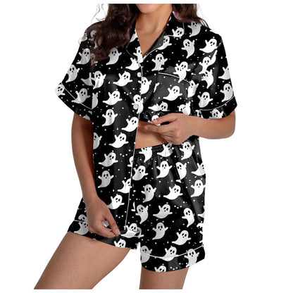 Halloween Women's 2 Piece Pajama Set Ghosts Print Short Sleeve Satin Silk Shirt And Short Set Women Outfits Halloween Nightgown