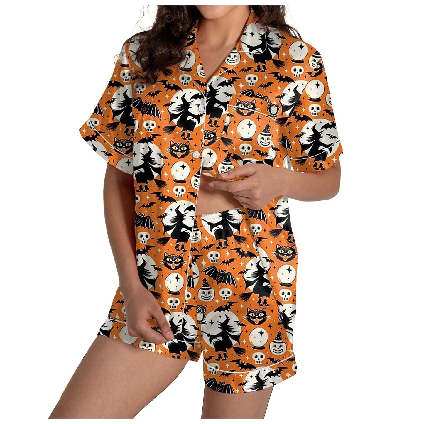 2-teiliges Pyjama-Set für Damen, Halloween-Nachthemd, Sommer-Satin-Seidenhemd und Shorts-Set für Damen, 2024, Halloween-Shorts-Set mit Grafik