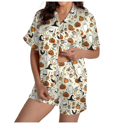 2-teiliges Pyjama-Set für Damen, Halloween-Nachthemd, Sommer-Satin-Seidenhemd und Shorts-Set für Damen, 2024, Halloween-Shorts-Set mit Grafik