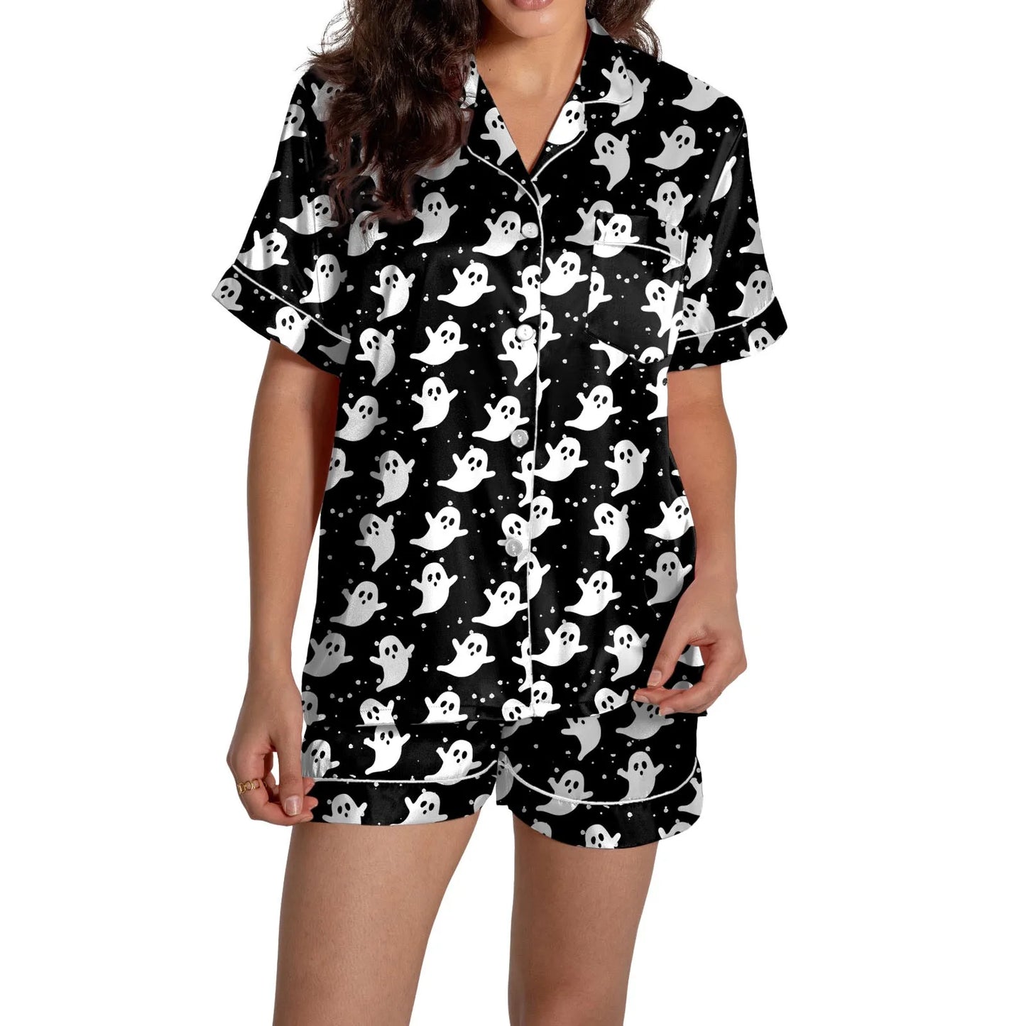 Halloween Women's 2 Piece Pajama Set Ghosts Print Short Sleeve Satin Silk Shirt And Short Set Women Outfits Halloween Nightgown